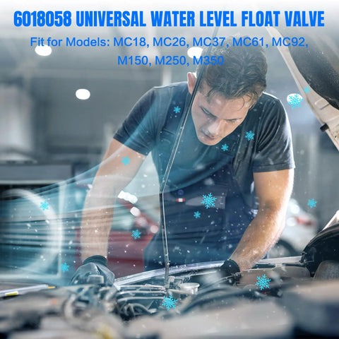 Mechanic working on a car engine with text overlay related to float valve for Portacool swamp coolers.