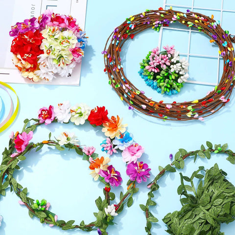 DIY Flower Crown Making Kit with 168 pieces including floral wreath supplies, green rattan strips, vibrant flowers, and ribbons.