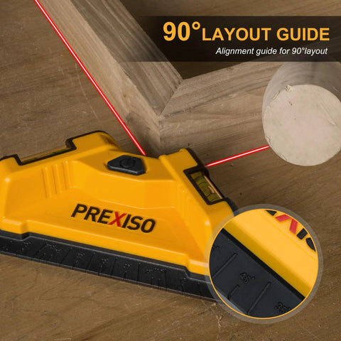 Close-up of Square Laser Level for Floors and Tile Projection 30 Ft Red Beam with 90 Degree Layout Guide on wooden surface