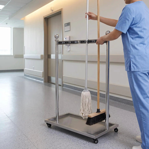 Go-To Floor Standing Mop And Broom Storage Rack For Schools, Factories, And Maintenance Crews - Heavy-Duty Cleaning Tool Holder, Movable Organizer, Keeps Cleaning Supplies Neat, Accessible, Ready To Use, stainless steel on wheels