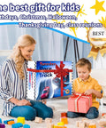 Mother and child with gift box holding Flexible Race Car Ramp Track Set 15 Ft Starter Kit for 1 to 64 scale diecast cars in blue box.