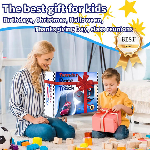 Mother and child with gift box holding Flexible Race Car Ramp Track Set 15 Ft Starter Kit for 1 to 64 scale diecast cars in blue box.
