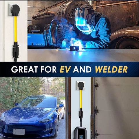 Nema 6-50 To 6-20 Plug Adapter Featuring 10 Awg Stw Wire For Ev Charger And Welder Power Hookup with yellow cable in workshop.