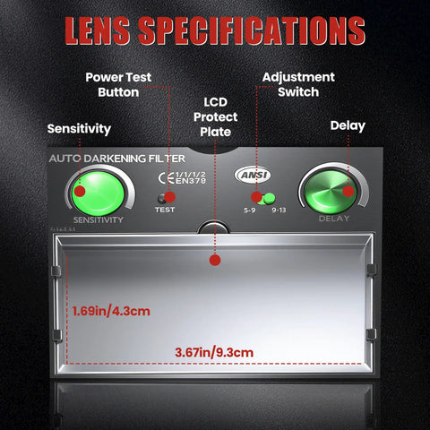 Lens specifications of auto darkening filter on welding helmet, 3.66 inch by 1.69 inch view area, sensitivity and delay knobs visible.