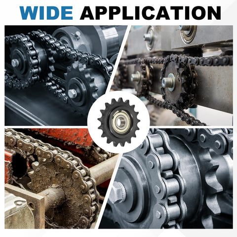 Beefy 50 Roller Chain Idler Sprocket Type C with 17mm Bore in Black Oxide 1045 Steel shown in various machinery applications