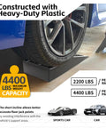 Low Profile Car Ramps 2 Pack For Vehicle Maintenance And Display Heavy Duty 4400 Lb Capacity supporting a car tire