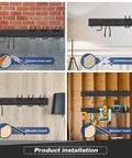 Heavy Duty Garage Storage Rack System Wall Mounted Tool Organizer with Eight Double Hooks and Three Rails installed on various wall surfaces.