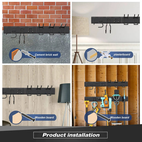 Heavy Duty Garage Storage Rack System Wall Mounted Tool Organizer with Eight Double Hooks and Three Rails installed on various wall surfaces.