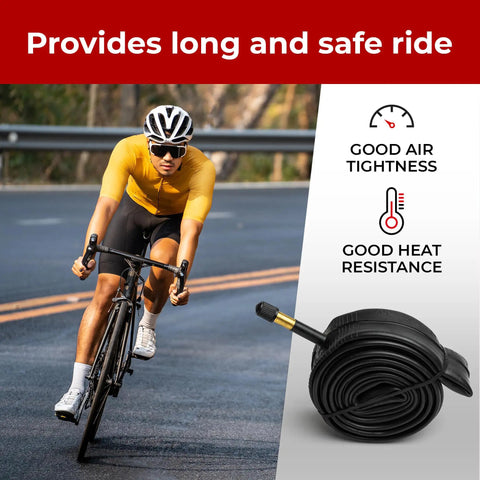 Cyclist with two pack 700c inner tubes 35 38c ISO 622 with 48mm Schrader valve, promoting durability and quick replacements.