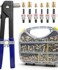 Rivet nut tool kit with 7 mandrels and assorted rivet nuts in a clear plastic carrying case