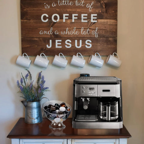 Kitchen setup with a clear coffee pod holder for K Cups and Vertuo capsules next to an espresso machine under a sign.