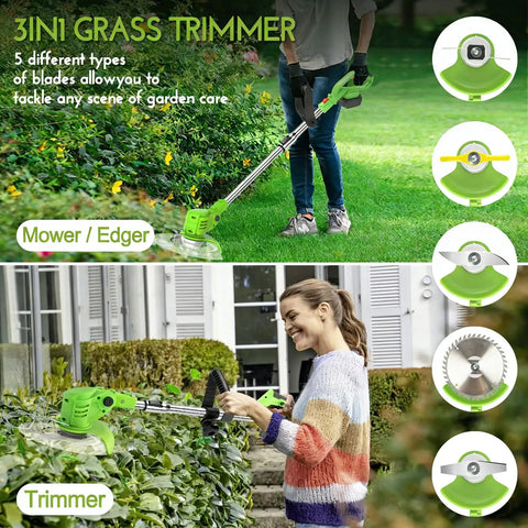 Person using Powerful Cordless Electric Weed Wacker With Battery Power 3 In 1 Stringless Grass Trimmer on garden bushes.