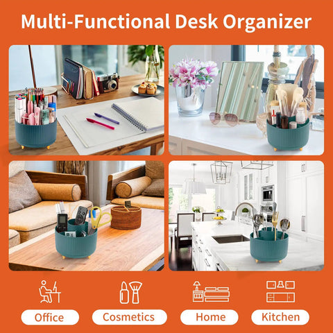 Four images showing the Five Slot Rotating Desk Pen And Pencil Holder with 360 Degree Spin in different settings.