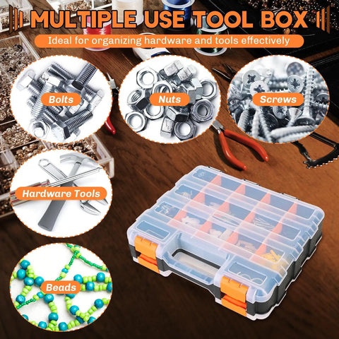 Built Tough Small Parts Organizer With 34 Compartments And Removable Dividers Double Sided Storage Box on a workbench