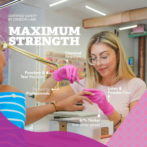 Pink 4 Mil Nitrile Gloves Latex Free Powder Free Chemical Resistant For Estheticians Nail Techs Cleaning Cooking Tattoos Bulk Case Of 1000 Ideal For Salons Medical Kitchens Tattoo Studios Cleanroom Use Pro Grade worn by nail tech