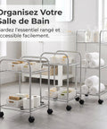 Dope Metal Storage Rack With Wheels Portable Floor Standing Organizer in bathroom with toiletries and towels
