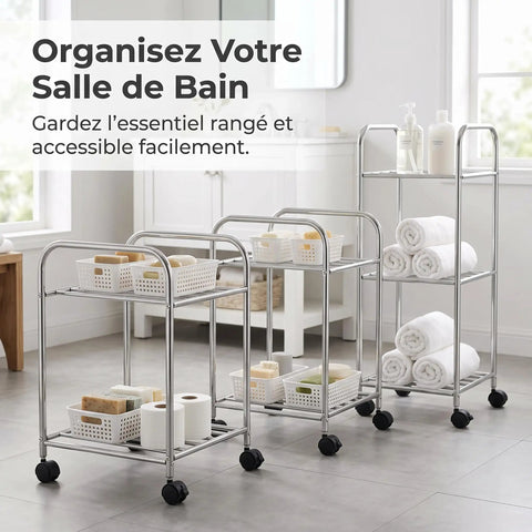 Dope Metal Storage Rack With Wheels Portable Floor Standing Organizer in bathroom with toiletries and towels
