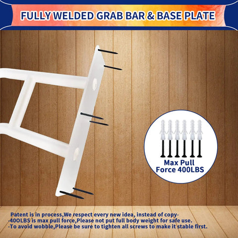 A Straight Up Rock Solid Wall Mounted Handrail Grab Bar For Indoor And Outdoor Steps Featuring Heavy Duty White Steel Railing showing fully welded grab bar and base plate.