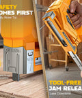 Close-up of Slick Cordless Brad Nailer and T50 Stapler showcasing safety nose tip, tool-free jam release, and nail exit.