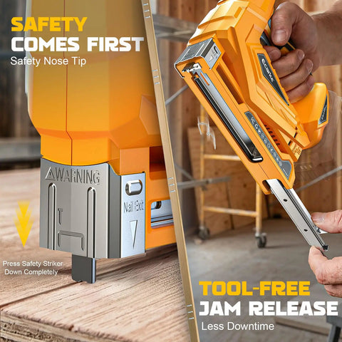Close-up of Slick Cordless Brad Nailer and T50 Stapler showcasing safety nose tip, tool-free jam release, and nail exit.