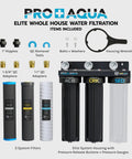 Elite Series 3 Stage Whole House Water Filtration System with pressure gauges and components displayed