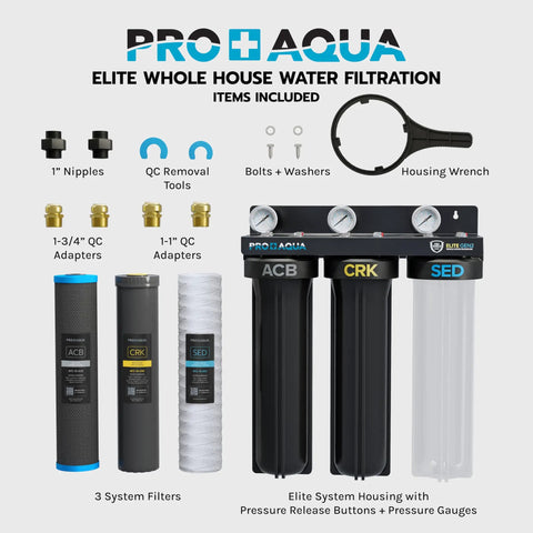 Elite Series 3 Stage Whole House Water Filtration System with pressure gauges and components displayed