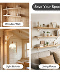4 Pack Wall Mount Wood Shelf Brackets Triangle Design For Plank Sconce Or Plug In Pendant Lamp Decorative DIY Wood Bracket supporting shelves in living room and light holder area.