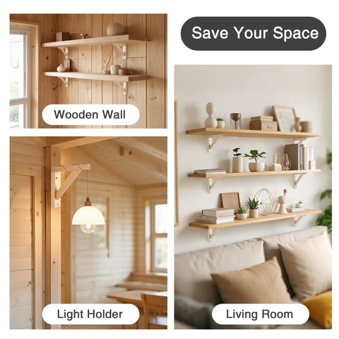 4 Pack Wall Mount Wood Shelf Brackets Triangle Design For Plank Sconce Or Plug In Pendant Lamp Decorative DIY Wood Bracket supporting shelves in living room and light holder area.