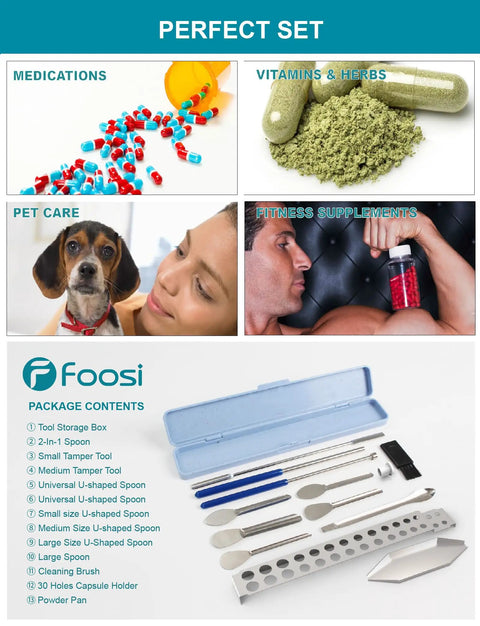 All In One Capsule Filling Tray Kit For Every Capsule Size 000 Through 5 With Holder, Includes Spoons, Spatulas, Scoops, And Tools For DIY Gel Capsules, Make Your Own Empty Capsule Fill Quickly And Easily, 304 stainless tools set