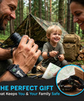Family camping with Survival Paracord Bracelet With Built In Compass And Fire Starter Kit, child smiling with map.