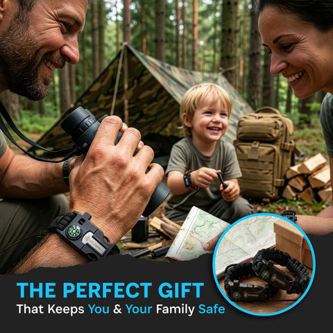 Family camping with Survival Paracord Bracelet With Built In Compass And Fire Starter Kit, child smiling with map.