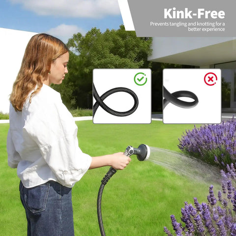 Heavy Duty 50 Foot Braided Garden Hose With Lightweight Flexible Design Kink Resistant And Tangle Free Leak Free Connections Swivel Handle Male To Female Fittings Triple Layer Hybrid Material Durable Grey in use watering lawn