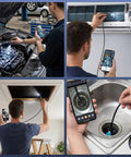 Endoscope Camera With Light 1920P HD Borescope in use for engine, HVAC, attic, and sink inspections, showing versatility and utility