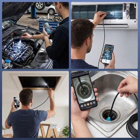 Endoscope Camera With Light 1920P HD Borescope in use for engine, HVAC, attic, and sink inspections, showing versatility and utility