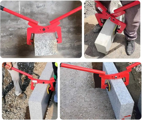 Beater Proof Heavy Duty Stone Lifting Clamp For Granite Slabs And Concrete Blocks adjustable tongs lifting a granite block on a job site.