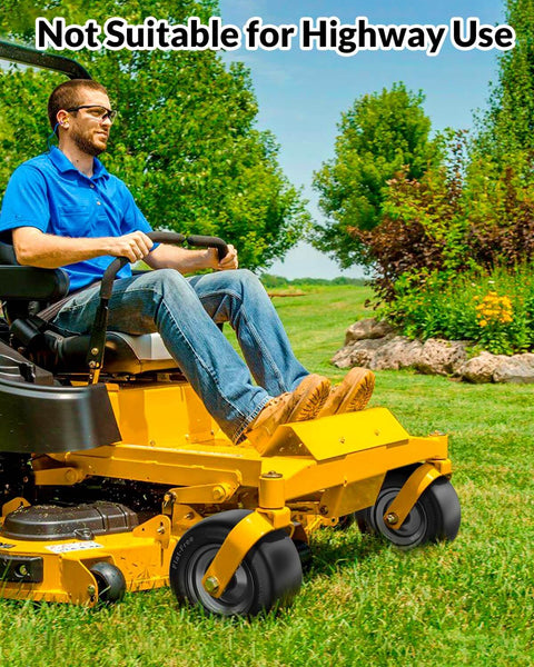 Person mowing lawn with zero-turn mower using Flat Free Tire And Wheel Set For Lawn Mowers 11x6.00-5 Solid Front Tires