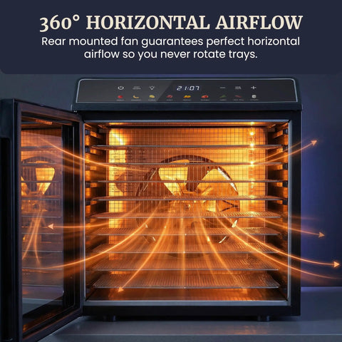 Amp Up Your Snack Game With This Solid 10 Tray Stainless Steel Digital Food Dehydrator featuring 360° horizontal airflow design.