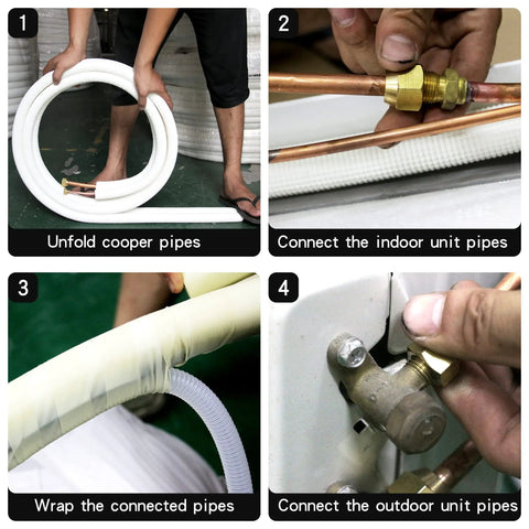 Step-by-step installation of Sixteen Foot Mini Split Line Set With Copper Pipes One Quarter Inch And One Half Inch OD Plus Three Eighth Inch White PE Thickened Insulated Coil Flared Nuts Included Install Triple Layer Insulation For Home HVAC Air Conditioning Or Heat Pump System