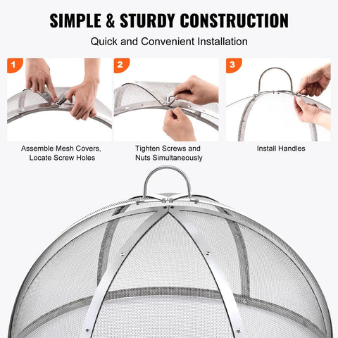 Step-by-step assembly of 36-Inch Fire Pit Spark Screen Lid Round Stainless Steel Fire Ring Cover with handles installation.