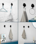 Heavy Duty Vacuum Suction Cup Hooks Black 2 Pack For Smooth Walls And Glass with towels and accessories mounted on tiles.