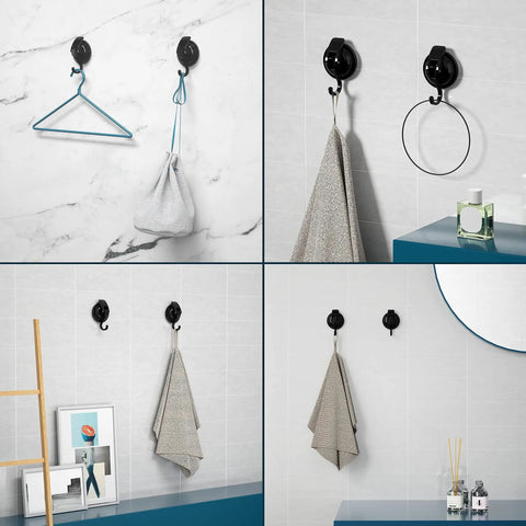 Heavy Duty Vacuum Suction Cup Hooks Black 2 Pack For Smooth Walls And Glass with towels and accessories mounted on tiles.