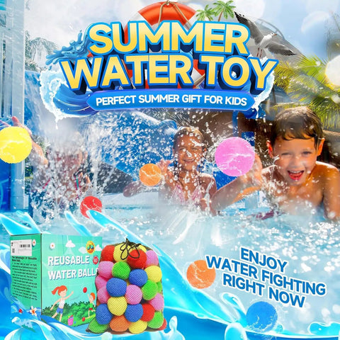 60 Pcs Reusable Water Balls For Summer Splash Fun with kids playing in pool and colorful water balloons, mesh storage bag visible