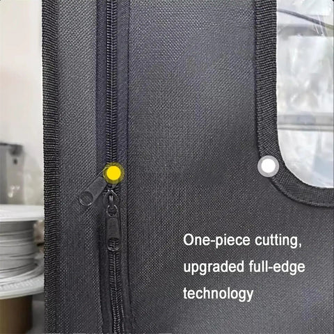 Close-up of All In One 3D Printer Enclosure zipper detail with text 'One-piece cutting, upgraded full-edge technology'.