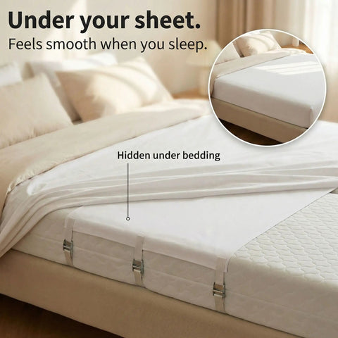 Twin To King Bed Converter Bridge Serving As A Split King Gap Filler With Heavy Duty Straps And Steel Buckles To Lock Two Standard Mattresses Together And Keep Your Sleep Game Strong, hidden under a white fitted sheet.