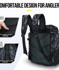 Fishing Tackle Backpack With Rod Holders For Anglers 42L Waterproof Gear Bag back view showing ergonomic sponge straps.