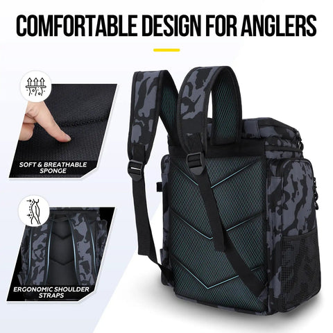 Fishing Tackle Backpack With Rod Holders For Anglers 42L Waterproof Gear Bag back view showing ergonomic sponge straps.