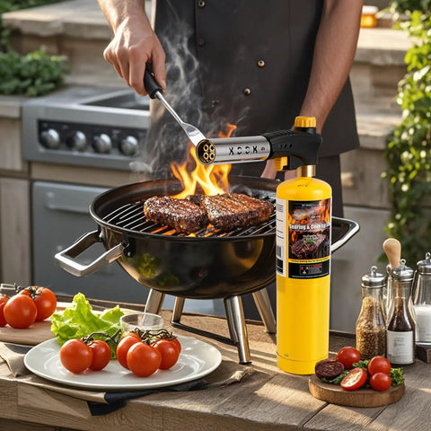 Beefy Propane Torch Kit With 4 Flame Head Trigger Start Igniter Includes MAP Gas Tank Grill Torch cooking steak on barbecue
