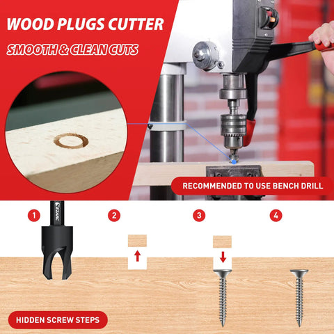 Pro Grade Heavy Duty Wood Countersink Drill Bit Set With Four Six Eight Ten Twelve Tapered Bits One Quarter Inch Hex Shank Plus Plug Cutters Allen Key And Depth Stop Collars For Precise Countersinking In Woodworking And Carpentry in use with drill press