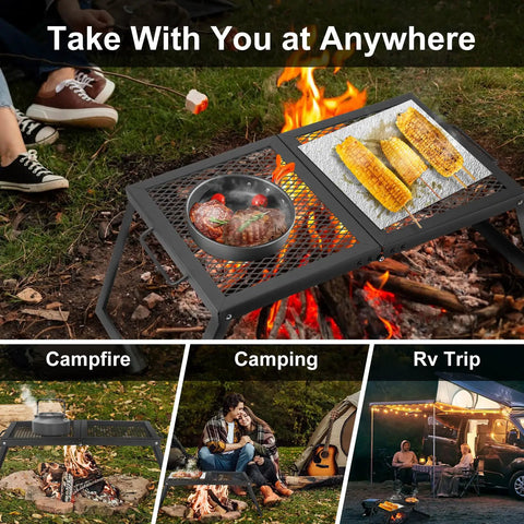 Folding Campfire Grill With Heavy Duty Steel Mesh Grate And Folding Legs Portable Over Fire Pit Rack For Outdoor Cooking