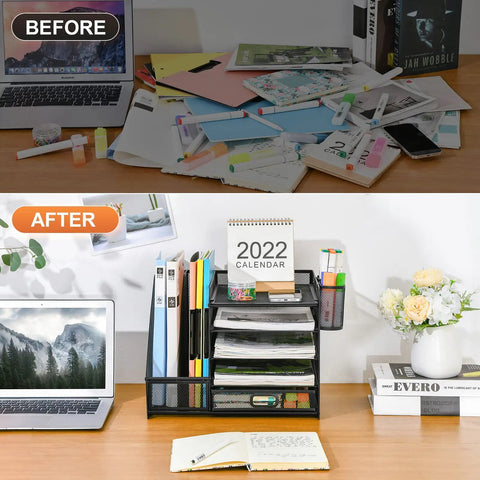 Before and after using a Five Tier Desk Organizer With File Holder And Drawer, Mesh Letter Tray Office Organizer With Two Pen Holders.
